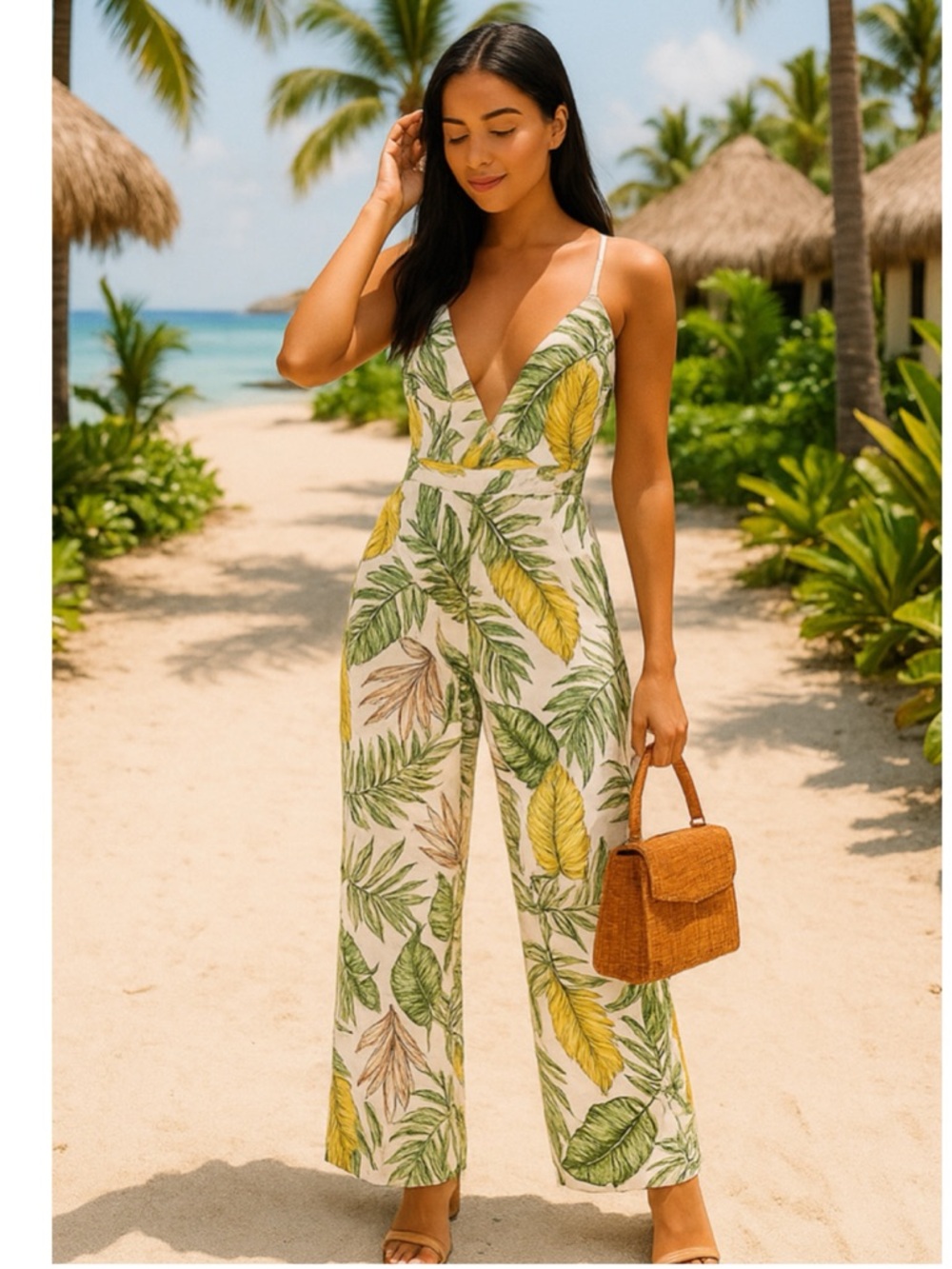 Superdown x Revolve Tropical Jumpsuit Deep V Tie Waist Wide Leg XXS